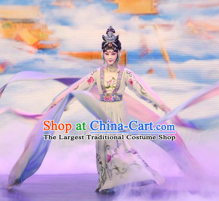 Chinese Beijing Opera Young Female Apparels Goddess Costumes and Headdress Petal Sprinkles From Heaven Traditional Peking Opera Hua Tan Dress Garment