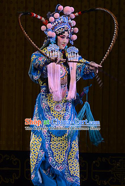 Chinese Beijing Opera Female General Hu Sanniang Apparels Hu Jia Zhuang Costumes and Headdress Traditional Peking Opera Martial Lady Dress Tao Ma Tan Armor Garment