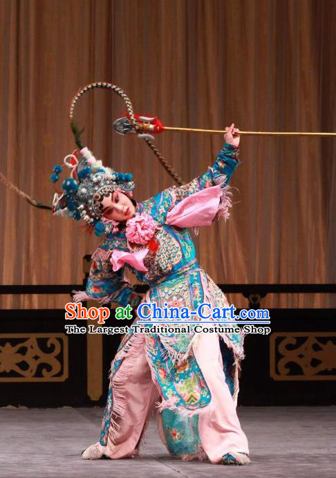 Chinese Beijing Opera Martial Lady Hu Sanniang Apparels Hu Jia Zhuang Costumes and Headdress Traditional Peking Opera Tao Ma Tan Dress Female General Armor Garment