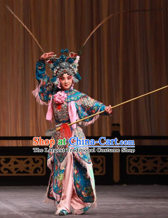 Chinese Beijing Opera Martial Lady Hu Sanniang Apparels Hu Jia Zhuang Costumes and Headdress Traditional Peking Opera Tao Ma Tan Dress Female General Armor Garment