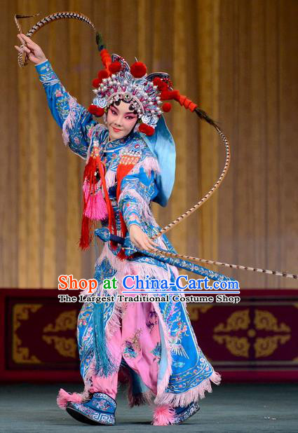 Chinese Beijing Opera Blues Hu Sanniang Apparels Hu Jia Zhuang Costumes and Headdress Traditional Peking Opera Martial Female Dress Armor Garment