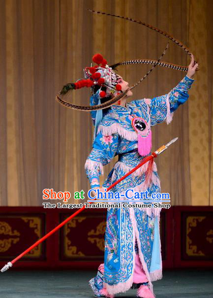 Chinese Beijing Opera Blues Hu Sanniang Apparels Hu Jia Zhuang Costumes and Headdress Traditional Peking Opera Martial Female Dress Armor Garment