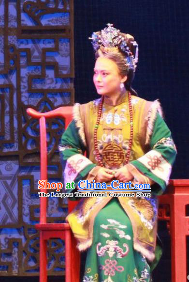 Chinese Beijing Opera Elderly Female Apparels Yue Zhao Sai Bei Costumes and Headdress Traditional Peking Opera Noble Dame Dress Garment