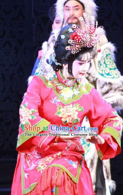 Chinese Beijing Opera Wedding Apparels Yue Zhao Sai Bei Costumes and Headdress Traditional Peking Opera Young Female Red Dress Bride Garment