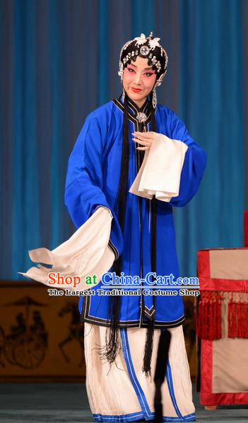 Chinese Beijing Opera Distress Maiden Apparels Zhu Sha Zhi Costumes and Headdress Traditional Peking Opera Young Female Blue Dress Garment