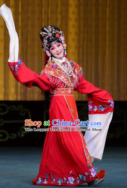 Chinese Beijing Opera Young Beauty Apparels Hongniang Costumes and Headpieces Traditional Peking Opera Xiaodan Red Dress Maidservant Garment