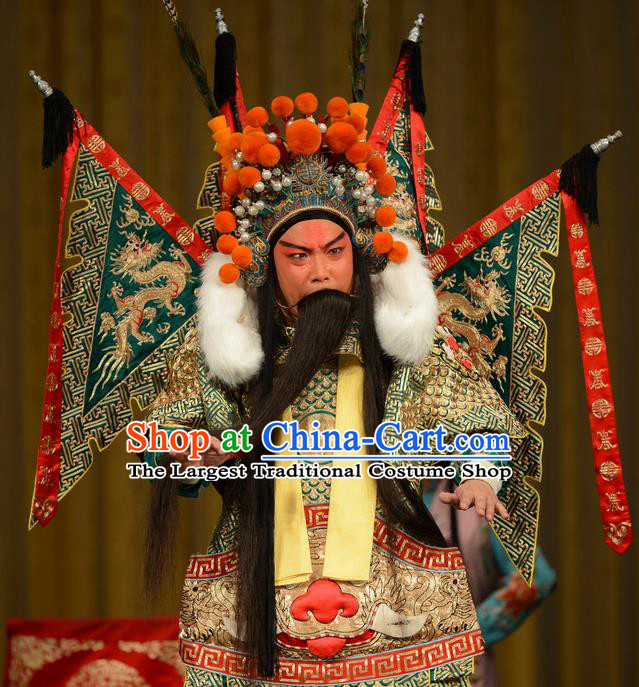 Zhan Jing Tang Chinese Peking Opera General Armor Garment Costumes and Headwear Beijing Opera Martial Male Wu Han Kao Apparels Clothing with Flags