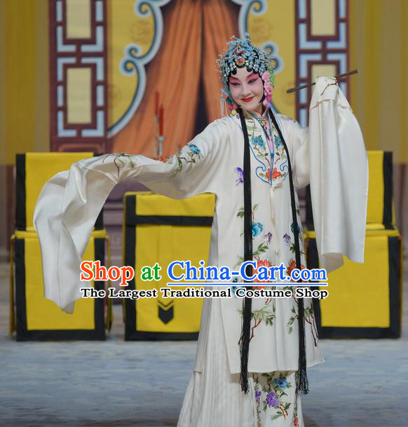 Chinese Beijing Opera Hua Tan Apparels Su Xiaomei Costumes and Headpieces Traditional Peking Opera Actress White Dress Young Female Garment
