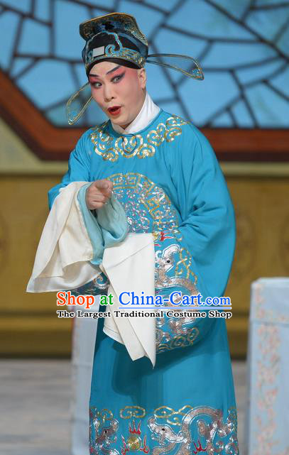 Su Xiaomei Chinese Peking Opera Xiaosheng Garment Costumes and Headwear Beijing Opera Young Male Apparels Scholar Qin Guan Blue Clothing