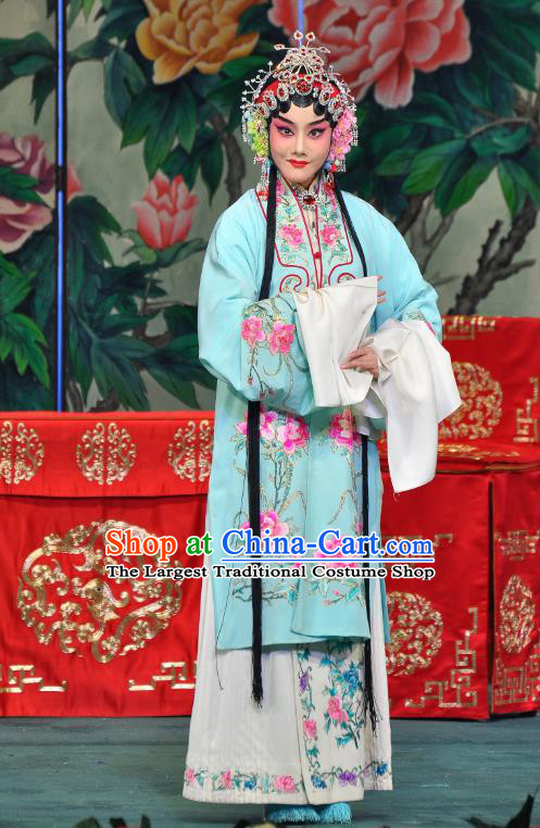 Chinese Beijing Opera Actress Apparels Su Xiaomei Costumes and Headpieces Traditional Peking Opera Hua Tan Blue Dress Diva Garment