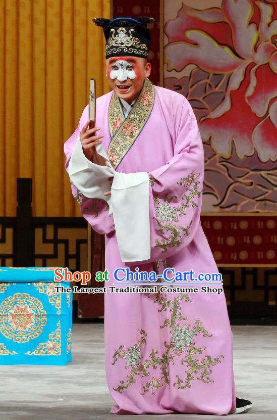 Shi Wen Hui Chinese Peking Opera Young Male Garment Costumes and Headwear Beijing Opera Chou Apparels Clown Purple Robe Clothing