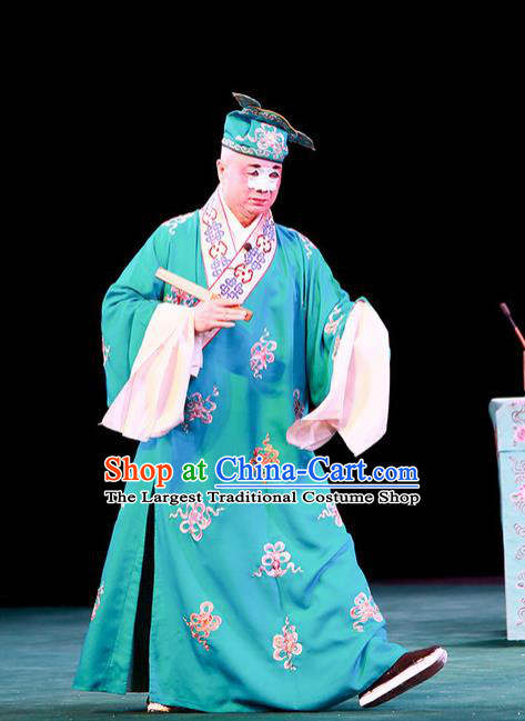 Shi Wen Hui Chinese Peking Opera Bully Garment Costumes and Headwear Beijing Opera Chou Apparels Young Man Niu Siwen Green Robe Clothing