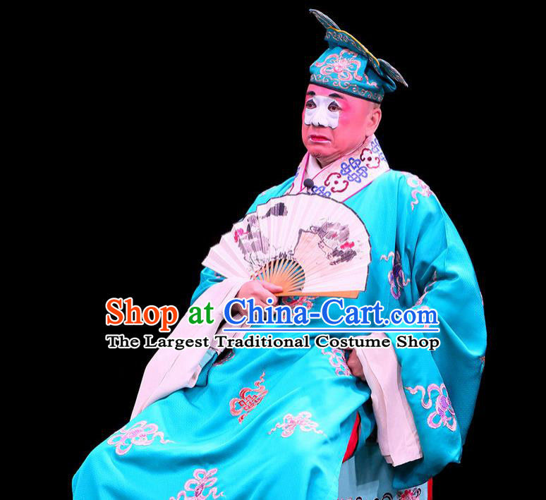 Shi Wen Hui Chinese Peking Opera Bully Garment Costumes and Headwear Beijing Opera Chou Apparels Young Man Niu Siwen Green Robe Clothing