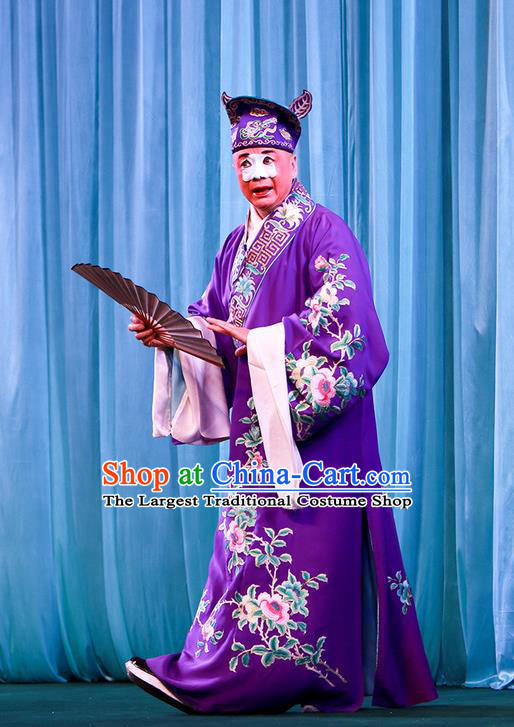 Shi Wen Hui Chinese Peking Opera Bully Niu Siwen Garment Costumes and Headwear Beijing Opera Chou Apparels Young Man Purple Robe Clothing