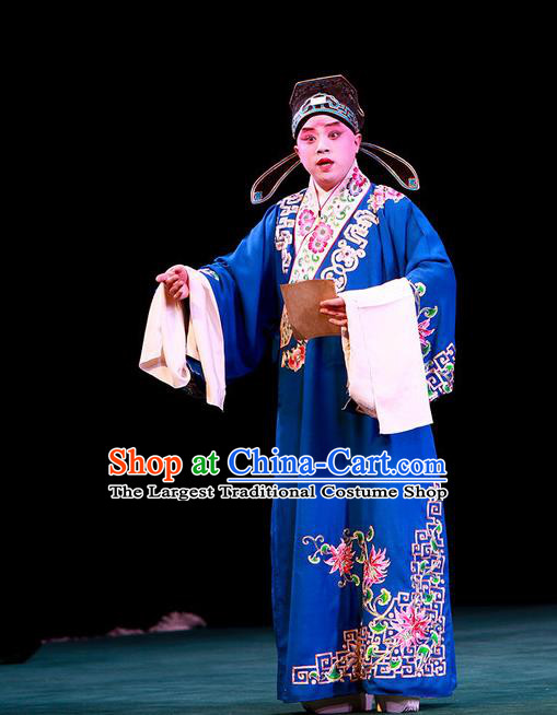 Shi Wen Hui Chinese Peking Opera Gifted Youth Garment Costumes and Headwear Beijing Opera Xiaosheng Apparels Scholar Xie Ying Clothing