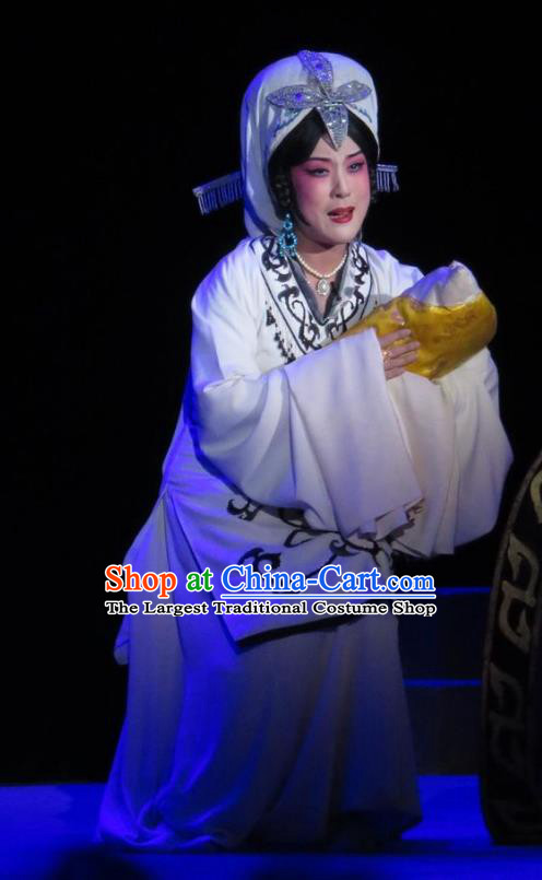 Chinese Ping Opera Distress Woman Apparels Costumes and Headdress Traditional Pingju Opera Saving Orphan Princess White Dress Garment