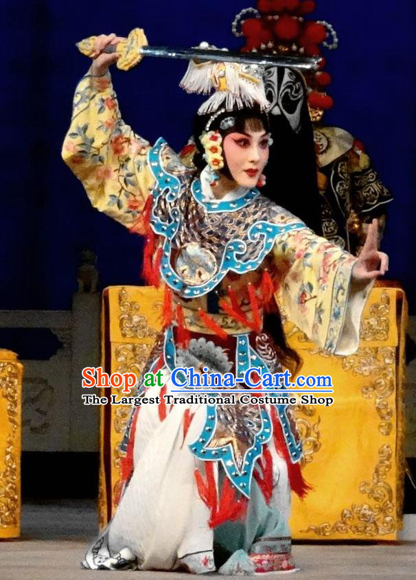 Chinese Beijing Opera Swordswoman Yu Ji Apparels Xiang Yu Costumes and Headpieces Traditional Peking Opera Martial Female Dress Garment