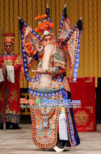 Yi Zhan Cheng Gong Chinese Peking Opera General Yan Yan Kao Suit with Flags Garment Costumes and Headwear Beijing Opera Military Officer Apparels Armor Clothing