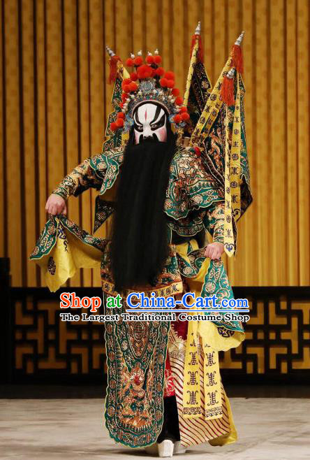 Yi Zhan Cheng Gong Chinese Peking Opera Military Officer Kao Garment Costumes and Headwear Beijing Opera Apparels Clothing General Xu Huang Green Armor Suit with Flags