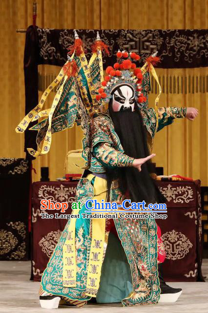 Yi Zhan Cheng Gong Chinese Peking Opera Military Officer Kao Garment Costumes and Headwear Beijing Opera Apparels Clothing General Xu Huang Green Armor Suit with Flags