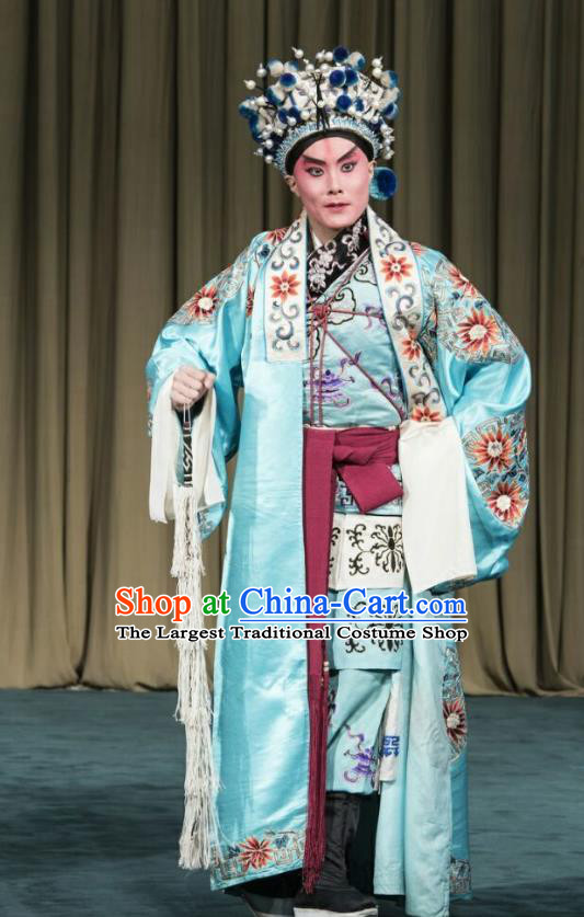 San Dao Ling Chinese Peking Opera Young Male Garment Costumes and Headwear Beijing Opera Takefu Apparels Swordsman Yan Qing Clothing