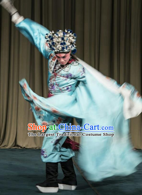 San Dao Ling Chinese Peking Opera Young Male Garment Costumes and Headwear Beijing Opera Takefu Apparels Swordsman Yan Qing Clothing