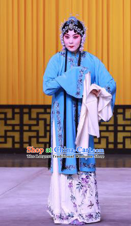 Chinese Beijing Opera Diva Apparels Hong Mu Ma Chou Costumes and Headpieces Traditional Peking Opera Tsing Yi Blue Dress Young Mistress Garment