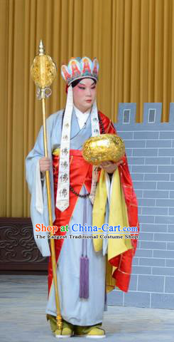 You Liu Dian Chinese Peking Opera Monk Mu Lian Garment Costumes and Headwear Beijing Opera Frock Apparels Clothing