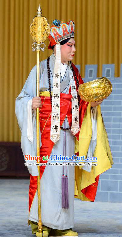 You Liu Dian Chinese Peking Opera Monk Mu Lian Garment Costumes and Headwear Beijing Opera Frock Apparels Clothing