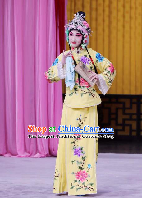 Chinese Beijing Opera Young Lady Apparels Xun Guanniang Costumes and Headpieces Traditional Peking Opera Hua Tan Yellow Dress Actress Garment