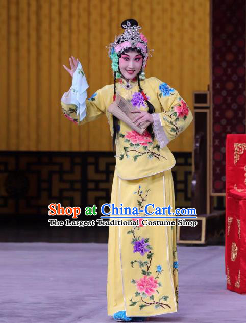 Chinese Beijing Opera Young Lady Apparels Xun Guanniang Costumes and Headpieces Traditional Peking Opera Hua Tan Yellow Dress Actress Garment