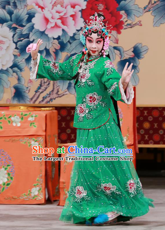 Chinese Beijing Opera Young Female Apparels Xun Guanniang Costumes and Headpieces Traditional Peking Opera Hua Tan Green Dress Actress Garment