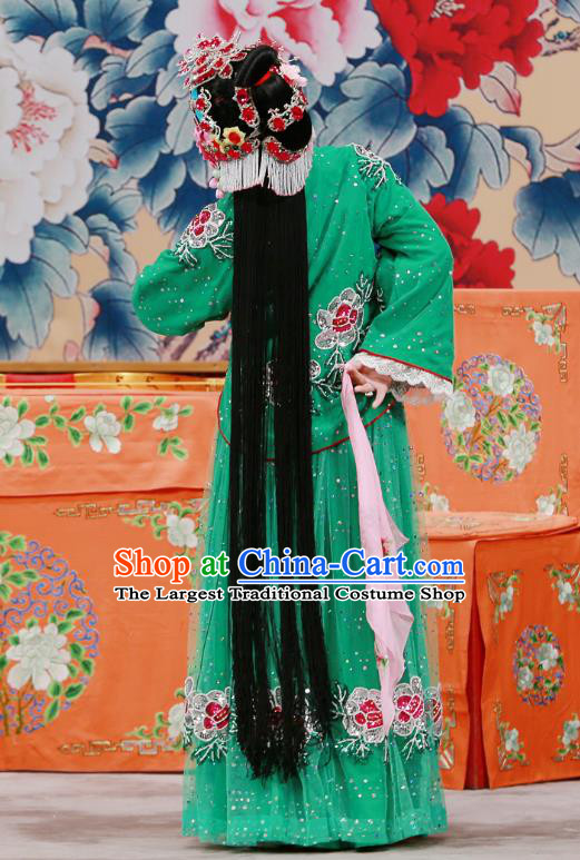 Chinese Beijing Opera Young Female Apparels Xun Guanniang Costumes and Headpieces Traditional Peking Opera Hua Tan Green Dress Actress Garment