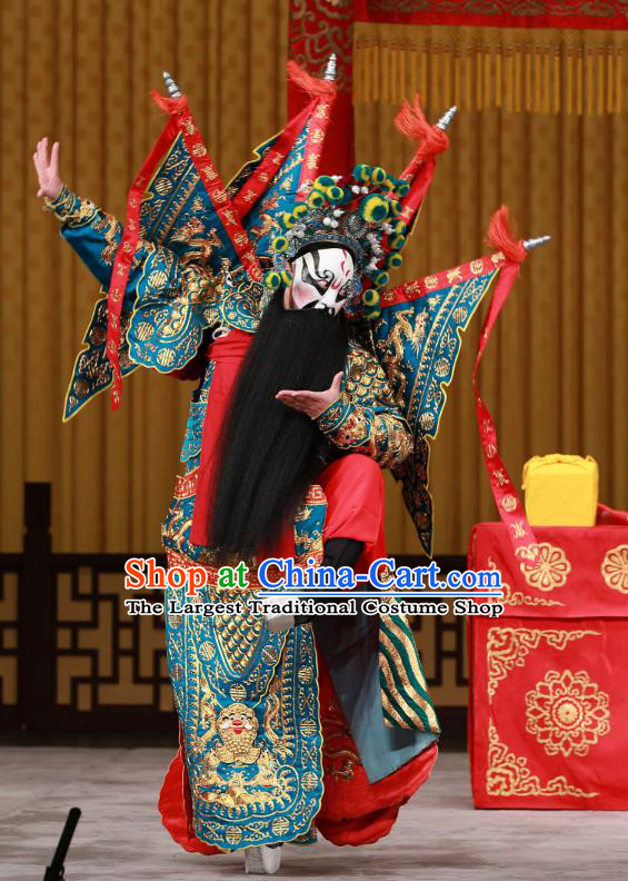 Yang Ping Guan Chinese Peking Opera General Green Armor Garment Costumes and Headwear Beijing Opera Old Man Apparels Kao Suit with Flags Clothing