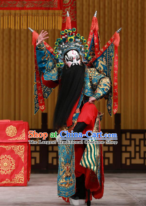 Yang Ping Guan Chinese Peking Opera General Green Armor Garment Costumes and Headwear Beijing Opera Old Man Apparels Kao Suit with Flags Clothing