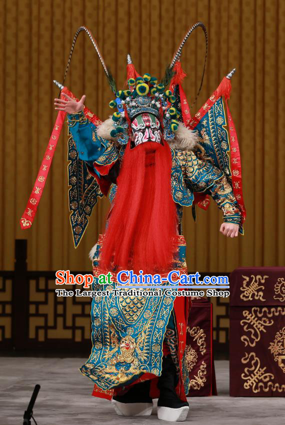 Yang Ping Guan Chinese Peking Opera General Blue Armor Garment Costumes and Headwear Beijing Opera Old Man Apparels Martial Male Kao Suit Clothing with Flags