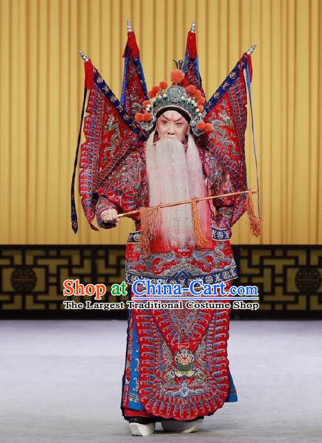 Nan Tian Men Chinese Peking Opera Jing Role Garment Costumes and Headwear Beijing Opera Apparels Clothing General Red Kao Armor Suit with Flags