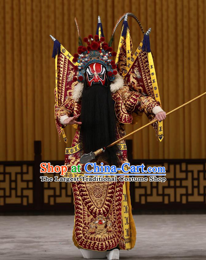 Dingjun Mount Chinese Peking Opera Martial Male Zhang He Armor Garment Costumes and Headwear Beijing Opera Apparels General Kao with Flags Clothing