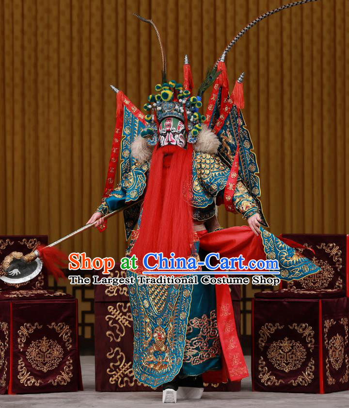 Dingjun Mount Chinese Peking Opera Military Officer Armor Garment Costumes and Headwear Beijing Opera General Xia Houde Apparels Clothing Kao with Flags