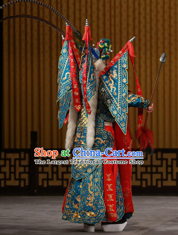 Dingjun Mount Chinese Peking Opera Military Officer Armor Garment Costumes and Headwear Beijing Opera General Xia Houde Apparels Clothing Kao with Flags