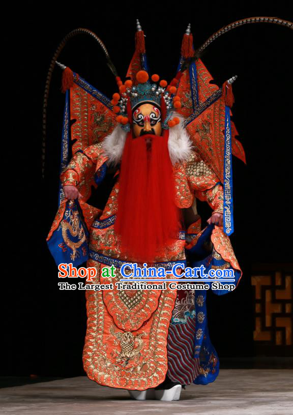 Zhan Wan Cheng Chinese Peking Opera Martial Male Kao Garment Costumes and Headwear Beijing Opera Apparels General Wei Dian Armor Clothing with Flags