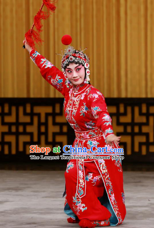 Chinese Beijing Opera Swordsplay Female Tao Sanchun Apparels Da Gua Yuan Costumes and Headpieces Traditional Peking Opera Actress Red Dress Garment