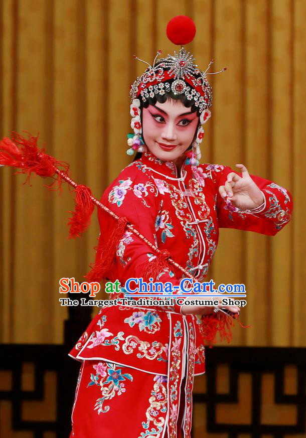 Chinese Beijing Opera Swordsplay Female Tao Sanchun Apparels Da Gua Yuan Costumes and Headpieces Traditional Peking Opera Actress Red Dress Garment