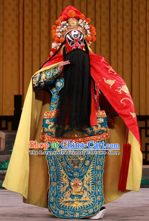 Bei Fa Zhong Yuan Chinese Peking Opera Jing Role Garment Costumes and Headwear Beijing Opera Martial Male Jiang Wei Apparels Takefu Clothing