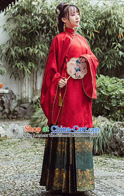 Chinese Traditional Ancient Patrician Lady Hanfu Dress Ming Dynasty Red Blouse and Green Brocade Skirt Historical Costumes Complete Set