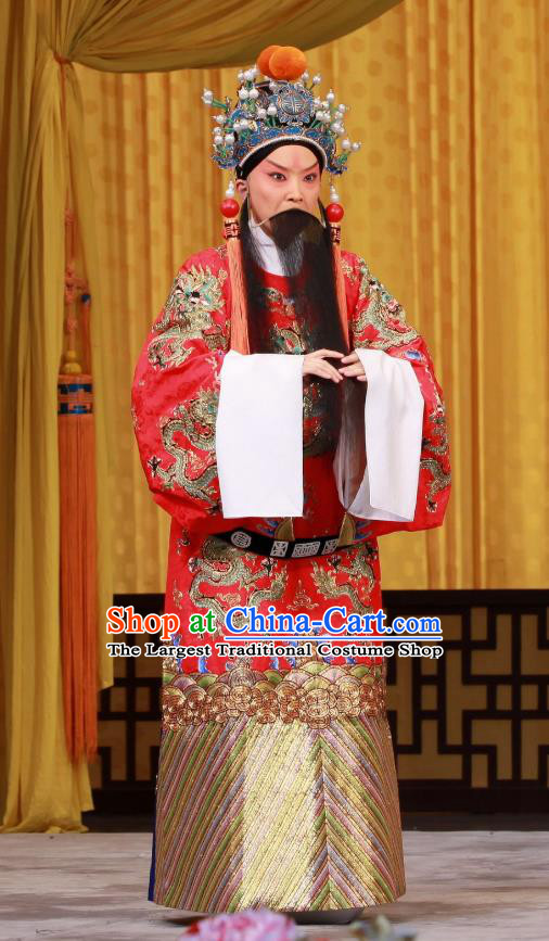 Sha Qiao Jian Bie Chinese Peking Opera Elderly Male Garment Costumes and Headwear Beijing Opera Laosheng Apparels Emperor Li Shimin Clothing