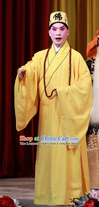 Sha Qiao Jian Bie Chinese Peking Opera Garment Costumes and Headwear Beijing Opera Monk Xuan Zhuang Yellow Robe Apparels Clothing