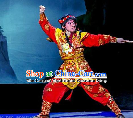 Daming Prefecture Chinese Peking Opera Young Boy Garment Costumes and Headwear Beijing Opera Wusheng Apparels Takefu Liu Chenxiang Clothing