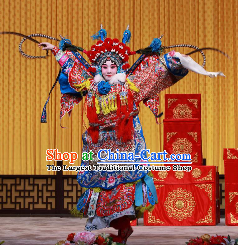 Chinese Beijing Opera Female General Armor Apparels Mu Ke Zhai Costumes and Headpieces Traditional Peking Opera Tao Ma Tan Dress Mu Guiying Kao Garment with Flags