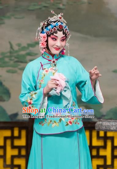 Chinese Beijing Opera Young Mistress Apparels Daming Prefecture Costumes and Headpieces Traditional Peking Opera Actress Blue Dress Garment